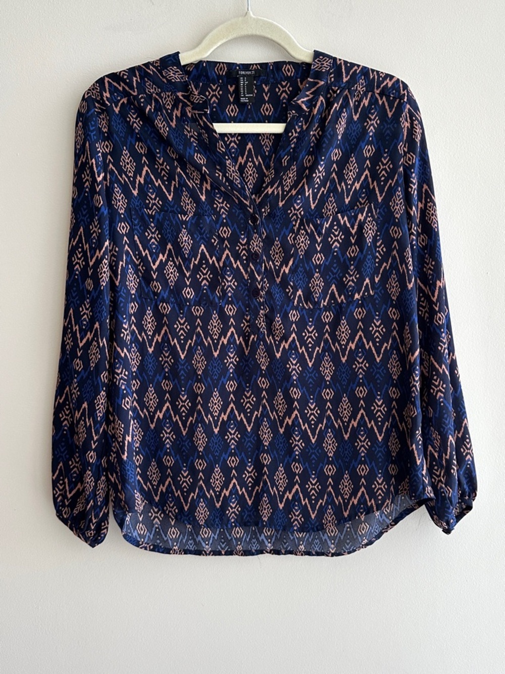 Forever 21 Chiffon Sheer Aztec Print Y2K 3/4 Sleeve Top, Blue/Pink, Size Small
